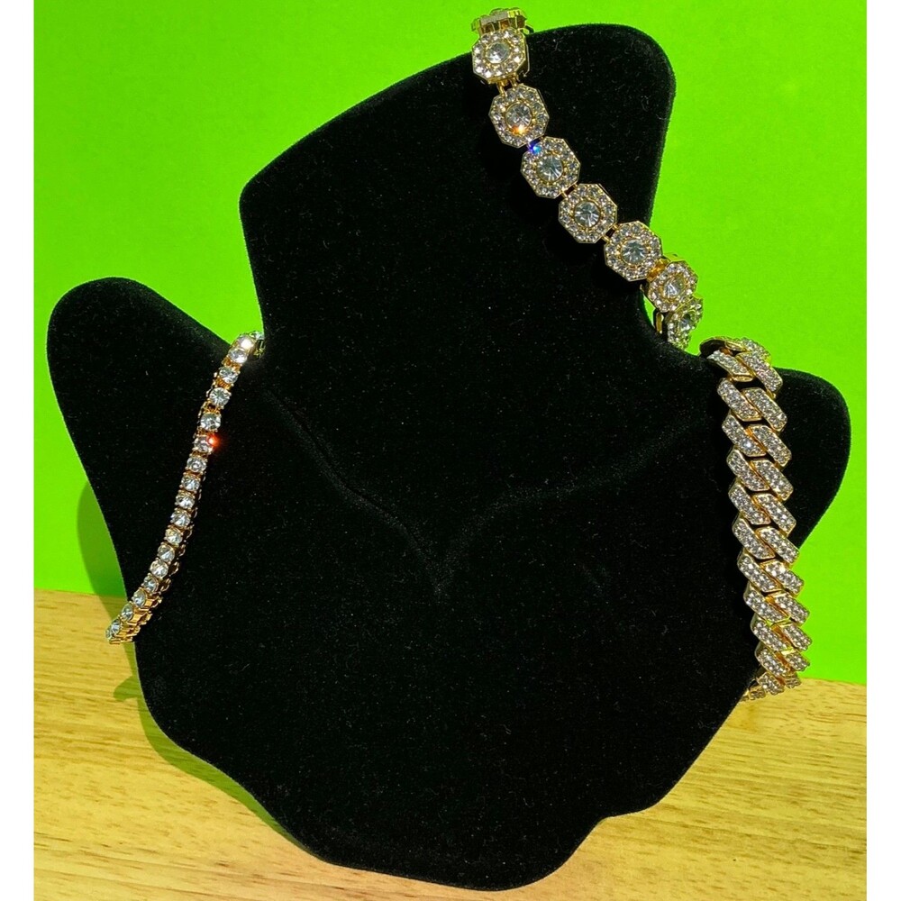 New Gold Iced Bracelet Lot Set of 3 Very Sparkly Bling Hip Hop Unisex 8 Inch
